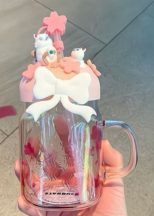 2023 Starbucks Cute Cat Gradient  Tumbler + Sakura Topper 20oz Cold Cup Gift